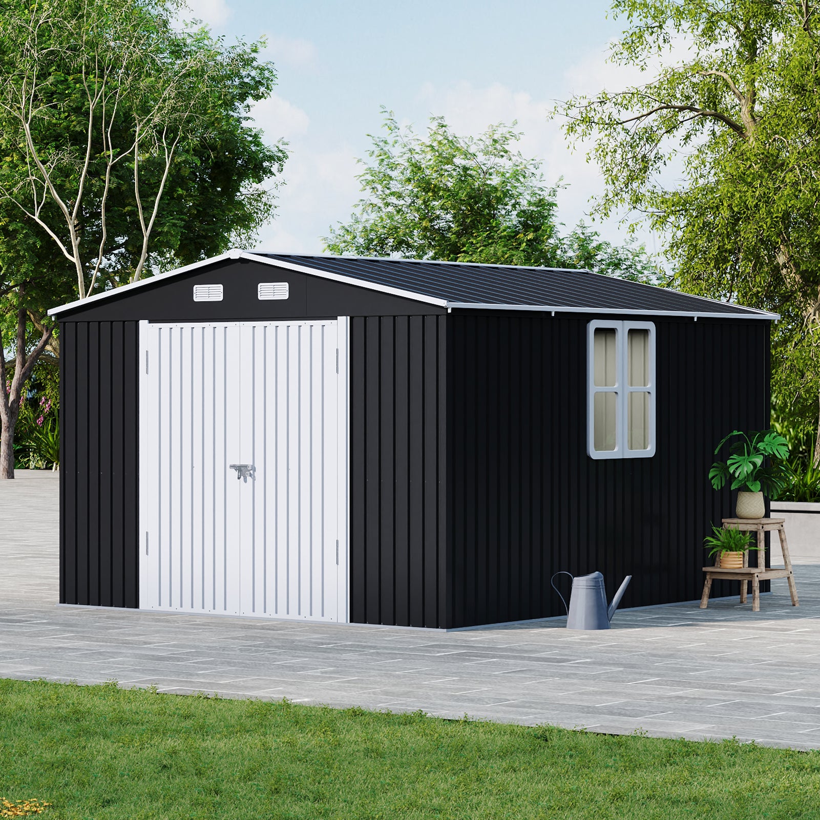 10ft Metal Garden Storage Shed with Apex Roof & Double Doors